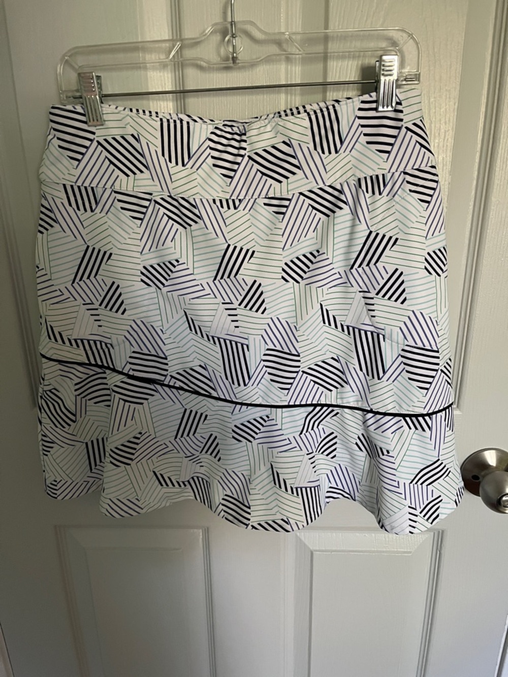 Fairway & Greene White A-Line Skirt with Black Geometric Print